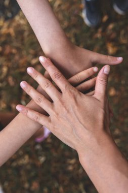 Two childrens hands and one adults hand, the concept of family, friendship.