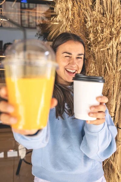 Happy Young Woman Cafe Cup Coffee Glass Orange Juice — Foto de Stock