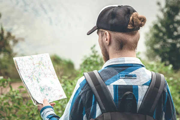 Male Traveler Backpack Looking Map View Back Hiking Concept — Stockfoto
