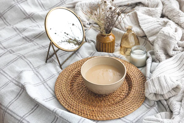 Cozy Autumn Composition Cup Coffee Mirror Candles Bed — стоковое фото
