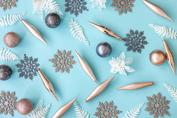 Flat Lay Christmas Toys Decor Details Blue Background — Fotografia de Stock
