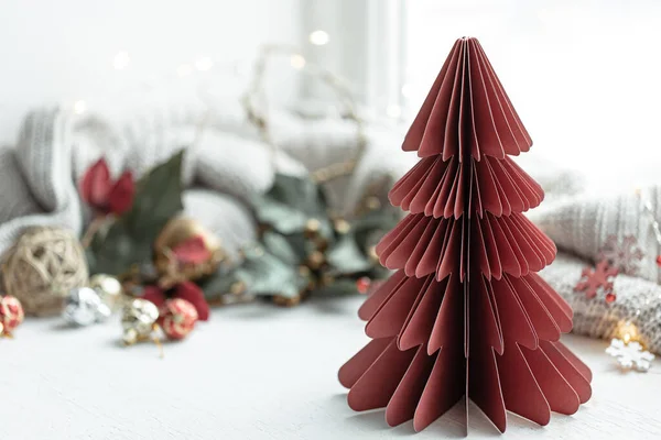 Cozy Winter Composition Cardboard Decorative Christmas Tree Blurred Background Decor — 图库照片