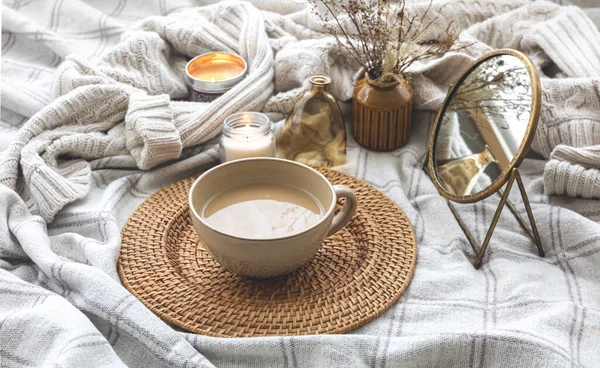 Cozy Autumn Composition Cup Coffee Mirror Candles Bed — Φωτογραφία Αρχείου