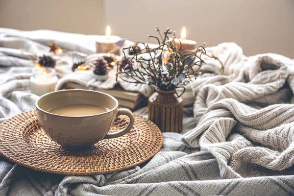 Cozy Autumn Composition Large Cup Coffee Cute Decor Details Bed — стоковое фото