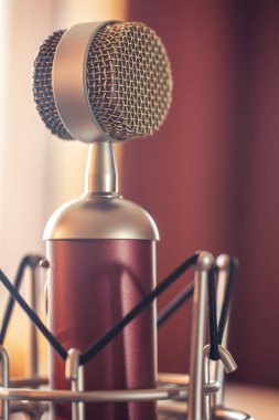 Professional microphone, macro photography, music creativity and karaoke concept.