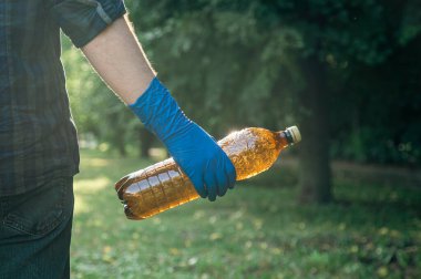 A man cleans the forest from garbage, the concept of caring for nature.