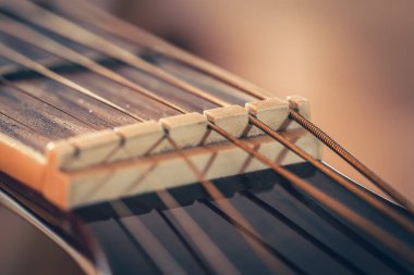 Guitar neck with metal string, macro shot with soft focus.