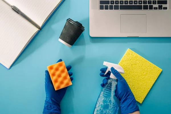 Hand Rubber Glove Wipes Workplace Laptop Rag Flat Lay — Stock Photo, Image