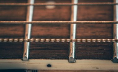 Strings on a classical acoustic guitar, macro shot.