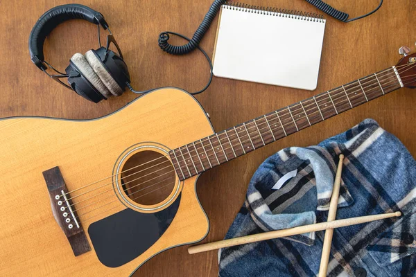 Music Background Guitar Headphones Notepad Top View Musical Creativity Concept — Stock Fotó