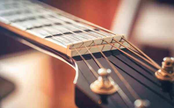 Närbild Makro Gitarr Sträng Tuning Pinne Fretboard — Stockfoto