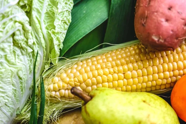 Natural Background Fresh Corn Closeup Other Vegetables Macro Shot — Stock Photo, Image