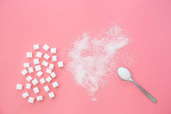 Scattered Sugar Sugar Cubes Pink Background Flat Lay Sugar Consumption — Stock Photo, Image