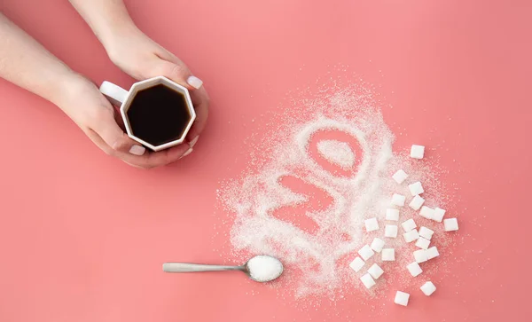 Word Made Sugar Cup Coffee Pink Background Flat Lay Diabetes — Stock Photo, Image