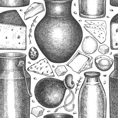 Çiftlik yiyecekleri kusursuz. El çizimi vektör sütçü çizimi. İşlenmiş stil farklı süt ürünleri ve yumurta pankartları. Retro gıda arka planı.