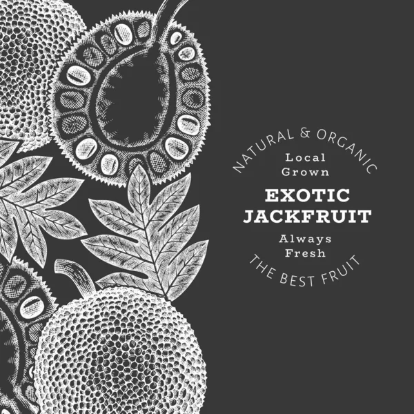 手描きのスケッチスタイルのジャックフルーツバナー チョークボード上の有機新鮮なフルーツベクトルイラスト レトロブレッドフルーツデザインテンプレート — ストックベクタ