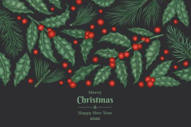 Noel el çizimi vektör tebrik kartı tasarımı şablonu. Klasik botanik çizimi. Kış bitkileri Xmas bayrağı.