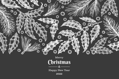 Noel el çizimi vektör tebrik kartı tasarımı şablonu. Tebeşir tahtasında klasik botanik çizimi. Kış bitkileri Xmas bayrağı.