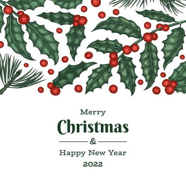 Noel el çizimi vektör tebrik kartı tasarımı şablonu. Klasik botanik çizimi. Kış bitkileri Xmas bayrağı.