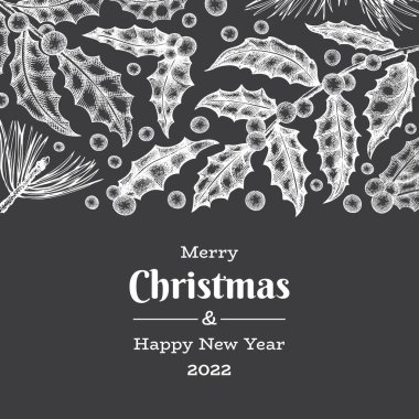 Noel el çizimi vektör tebrik kartı tasarımı şablonu. Tebeşir tahtasında klasik botanik çizimi. Kış bitkileri Xmas bayrağı.