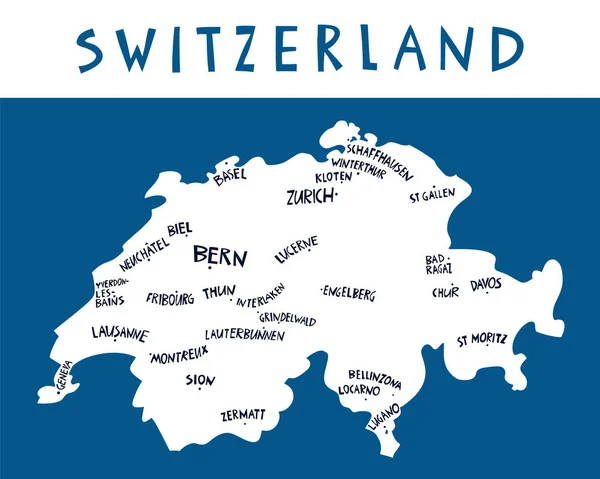 ベクトルハンドはスイスの様式化された地図を描いた スイス連邦都市の旅行イラスト 手書き文字イラスト ヨーロッパ地図要素 — ストックベクタ