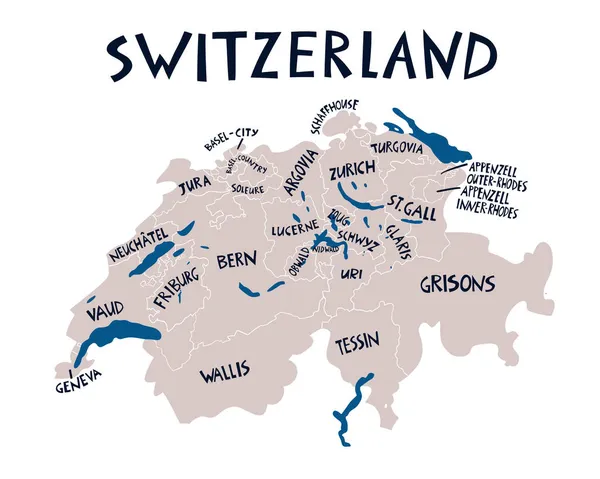 Vetor Desenhado Mão Mapa Estilizado Suíça Ilustração Viagem Das Regiões — Vetor de Stock