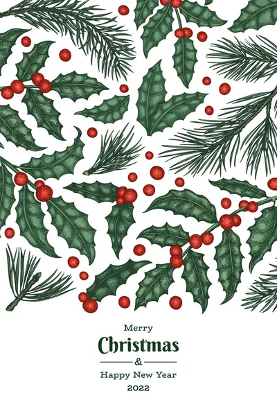 圣诞手绘矢量贺卡设计模板 老式植物图解 冬季植物圣诞横幅 — 图库矢量图片