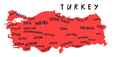 Vektör eli, Türkiye şehirlerinin stilize edilmiş haritasını çizdi. Türkiye Cumhuriyeti seyahat illüstrasyonu. Coğrafya illüstrasyonu. Akdeniz harita ögesi
