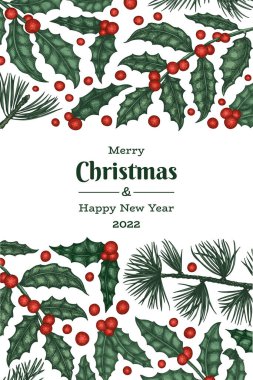 Noel el çizimi vektör tebrik kartı tasarımı şablonu. Klasik botanik çizimi. Kış bitkileri Xmas bayrağı.