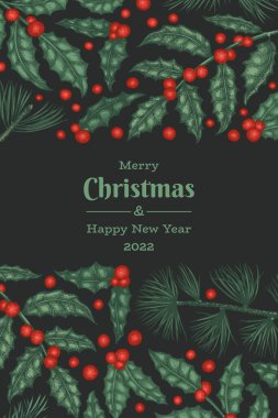 Noel el çizimi vektör tebrik kartı tasarımı şablonu. Klasik botanik çizimi. Kış bitkileri Xmas bayrağı.