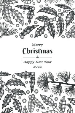 Noel el çizimi vektör tebrik kartı tasarımı şablonu. Klasik botanik çizimi. Kış bitkileri Xmas bayrağı.