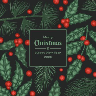 Noel el çizimi vektör tebrik kartı tasarımı şablonu. Klasik botanik çizimi. Kış bitkileri Xmas bayrağı.