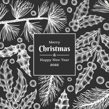 Noel el çizimi vektör tebrik kartı tasarımı şablonu. Tebeşir tahtasında klasik botanik çizimi. Kış bitkileri Xmas bayrağı.