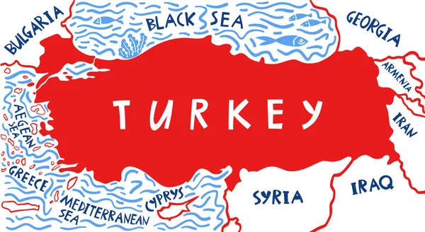 Vektör el, komşu ülkelerle birlikte Türkiye 'nin stilize edilmiş haritasını çizdi. Türkiye Cumhuriyeti seyahat illüstrasyonu. Coğrafya illüstrasyonu. Akdeniz harita ögesi