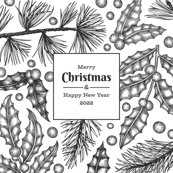 크리스마스 손으로 인사장 디자인 템플릿 고전적 식물학적 삽화이다 Xmas Banner — 스톡 벡터