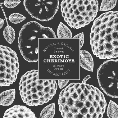 El yapımı çizim stili Cherimoya afişi. Tebeşir tahtasında organik taze meyve vektör çizimi. Botanik tasarım şablonu.