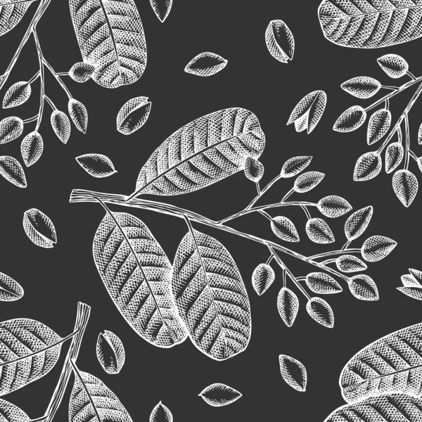 手描きのフィシュタチオの枝とカーネルシームレスなパターン チョークボード上の有機食品ベクトル図 レトロなナッツイラスト エングレービングスタイル植物の背景 — ストックベクタ