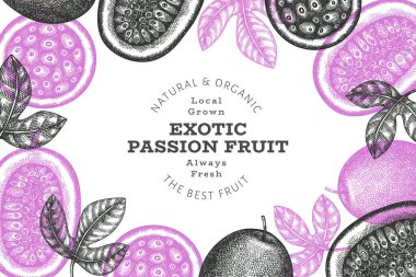 Elle çizilmiş eskiz tarzı tutku meyveli pankart. Organik taze meyve vektörü çizimi. Retro egzotik meyve tasarım şablonu