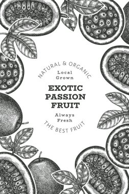 Elle çizilmiş eskiz tarzı tutku meyveli pankart. Organik taze meyve vektörü çizimi. Retro egzotik meyve tasarım şablonu