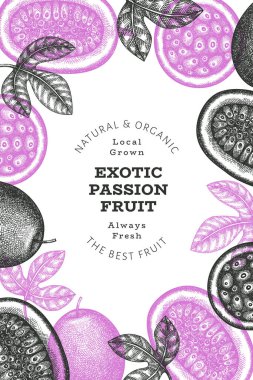Elle çizilmiş eskiz tarzı tutku meyveli pankart. Organik taze meyve vektörü çizimi. Retro egzotik meyve tasarım şablonu