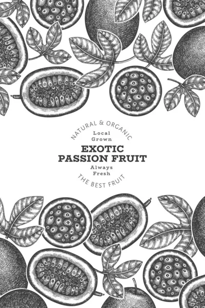 Elle Çizilmiş Eskiz Tarzı Tutku Meyveli Pankart Organik Taze Meyve — Stok Vektör