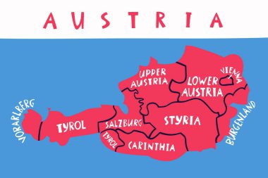 Vector hand drawn stylized map of Austrian regions. Travel illustration. Republic of Austria geography illustration. Europe map element