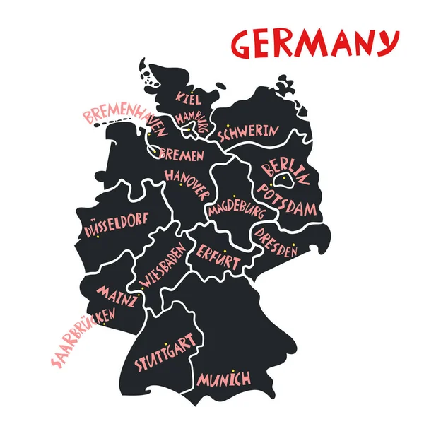 Vector Hand Drawn Stylized Map Germany Cities Travel Illustration Federal — стоковый вектор