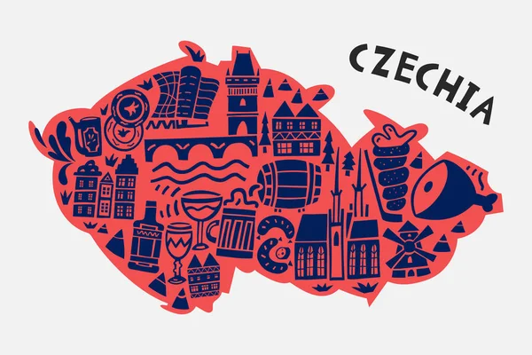 Vector Hand Drawn Stylized Map Czechia Landmarks Travel Illustration Czech — Wektor stockowy