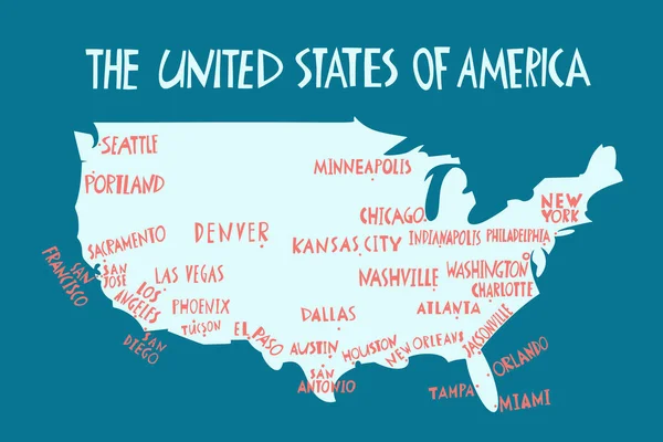 Вектор Нарисовал Стилизованную Карту Соединенных Штатов Америки Городами Путешествие Иллюстрация — стоковый вектор