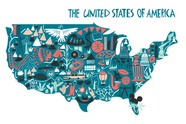 Vector Drawing Map 랜드마크가 미국의 지도이다 미국의 국기에 설명이다 아메리카 — 스톡 벡터