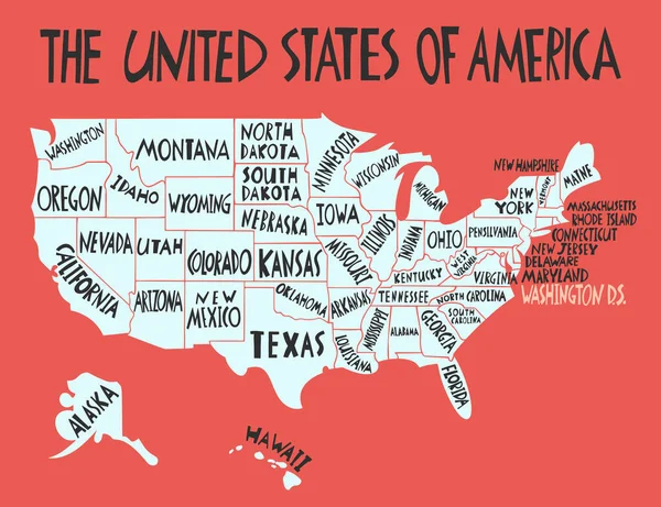 ベクトルハンドはアメリカ合衆国の州名で様式化された地図を描いた 米国の形状の旅行イラスト 北米地図要素 ベクターグラフィックス