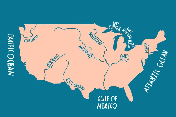 ベクトルハンドは川とアメリカの様式化された地図を描いた 米国の形状の旅行イラスト 北米地図要素 ロイヤリティフリーストックベクター