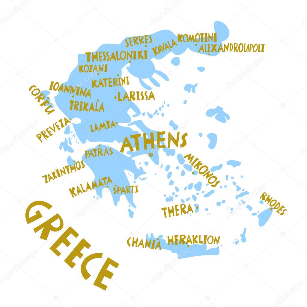 Vector hand drawn stylized map of Greece cities. Travel illustration. Hellenic Republic geography illustration. Europe map element