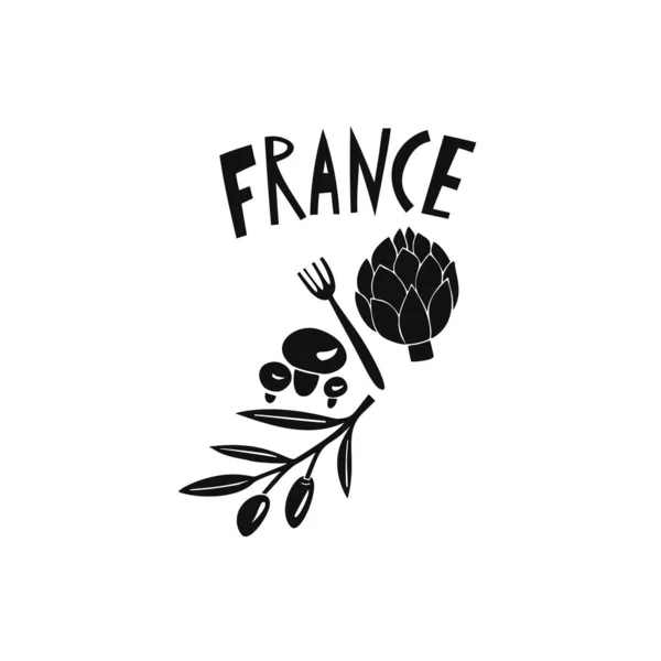 病媒手绘法国的食物符号 法国标志的旅行图解 手绘字母图解 法国地标标志 — 图库矢量图片